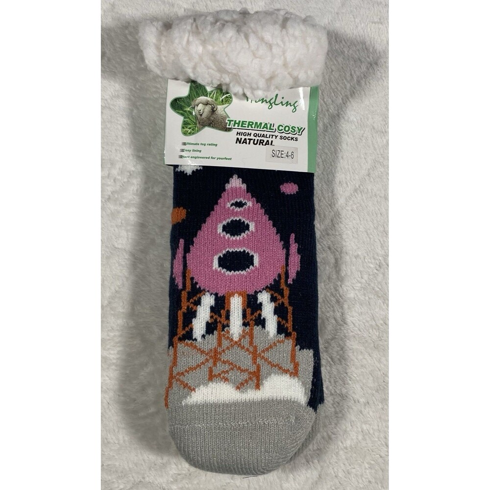 Big Kids Sz 4-6 Cozy Socks Alien Spaceship Thermal Rubber Grip Stocking Stuffer